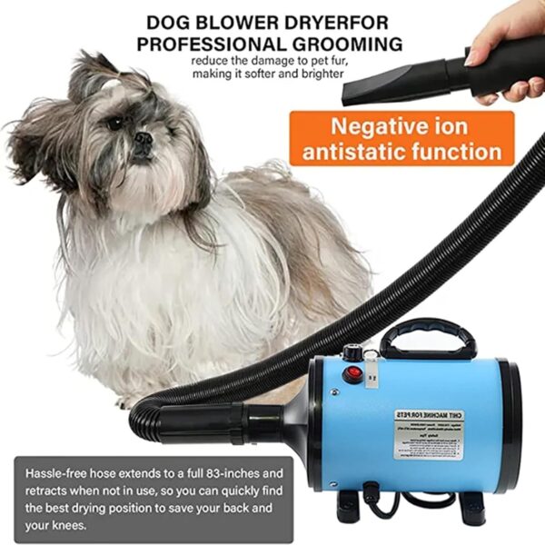 AHWOiHS Dog Hair Dryer 2800W Dog Blaster Dryer Pet Dryer Blower Stepless Speed Professional Pet Grooming Hair Dryer with 4 Different Nozzles for Dog Cat (Blue) - Image 2