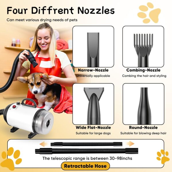 AHWOiHS Dog Hair Dryer Blaster 2800W Dog Blower Pet Grooming Hair Dryer 2 in 1 Pet Hair Vacuum and Dryer Dog Vacuum Cleaner Dog Grooming Kit with 4 Different Nozzles for Dogs Cats(White - Image 6