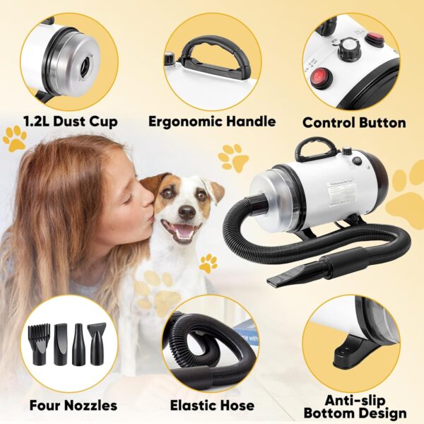 AHWOiHS Dog Hair Dryer Blaster 2800W Dog Blower Pet Grooming Hair Dryer 2 in 1 Pet Hair Vacuum and Dryer Dog Vacuum Cleaner Dog Grooming Kit with 4 Different Nozzles for Dogs Cats(White - Image 5