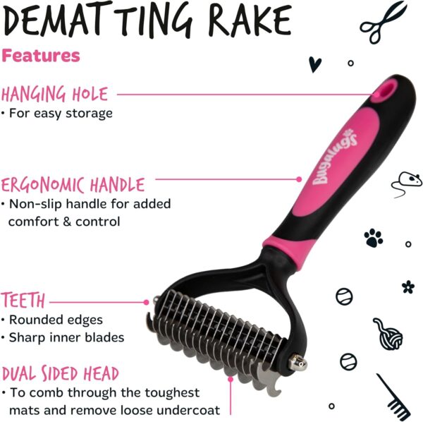 BUGALUGS Pet Grooming Brush - Double Sided Shedding and Dematting Undercoat Rake, Dog Grooming Brush, Dog Shedding Brush, Cat Grooming Brush, Dog Comb, Cat Brush for Long Haired Cats - Image 4