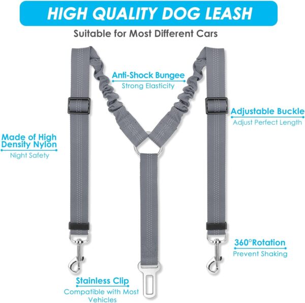 Lukovee Dog Car Seat Belt, Two Dogs Dog Seat Belts for Cars Adjustable Shock Absorbing Bungee Dual Pet Dog Coupler, 2 in 1 Durable Strong Reflective 2 Dogs Splitter Car Dog Travel Seatbelt - Image 3