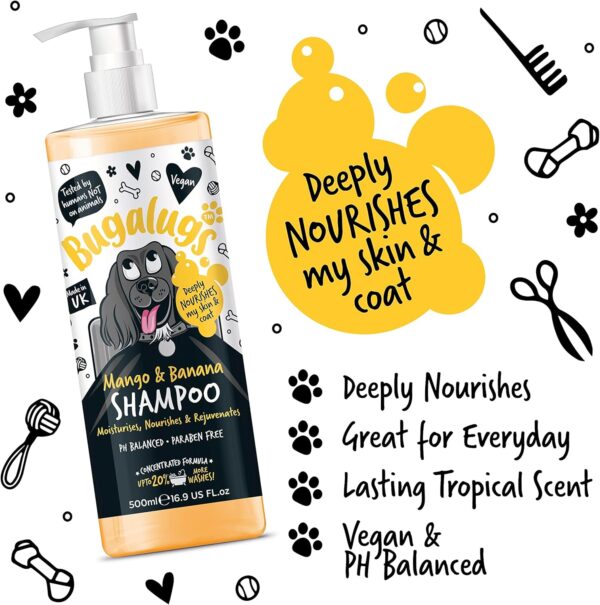 BUGALUGS Dog Shampoo Tropical Mango & Banana dog grooming shampoo products for smelly dogs with fragrance, best puppy shampoo, professional groom Vegan pet shampoo & conditioner (500ml) - Image 4