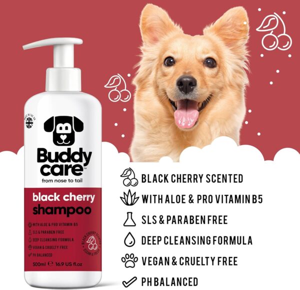 Black Cherry Dog Shampoo by Buddycare | Deep Cleansing Shampoo for Dogs | Black Cherry Scented | With Aloe Vera and Pro Vitamin B5 (500ml) - Image 2