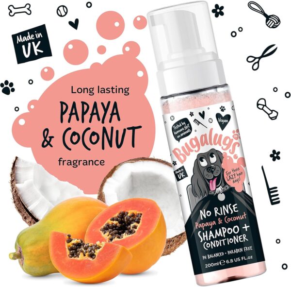 Bugalugs No Rinse Papaya & Coconut Dog Shampoo - Luxury 2 in 1 dog Dry shampoo & conditioner - odour eliminator natural shampoo with dog perfume quick shower for pets - Image 3