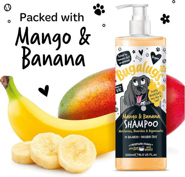 BUGALUGS Dog Shampoo Tropical Mango & Banana dog grooming shampoo products for smelly dogs with fragrance, best puppy shampoo, professional groom Vegan pet shampoo & conditioner (500ml) - Image 9