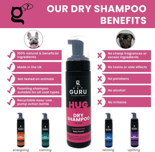 The Pet Guru - Scented Natural Dry Waterless Dog Shampoo, 200ml. HUG - Rejuvenating Fresh Baby Powder Fragrance - Waterless Dog Coat Grooming - Image 4