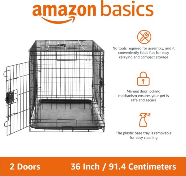 Amazon Basics Large Metal Dog Crate/Cage with Tray, Durable and Foldable Dog Cage with Double Door, Black, Large 91cm (36") - Image 2