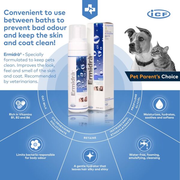 ICF Ermidrà® Mousse Dog & Cat Dry Shampoo - Foam for Cleansing Soothing & Itch Relief – Relieves Dog & Cat Dry Skin, Rash, Scratching - 200 ml - Image 4