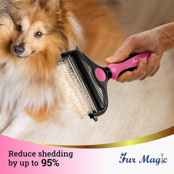 Fur Magic Deshedding and Dematting Comb Double Sided Undercoat Rake Pet Grooming Brush Removing Mats, Knots & Tangles for Dogs and Cats with Long and Medium Hair, Pink - Image 2