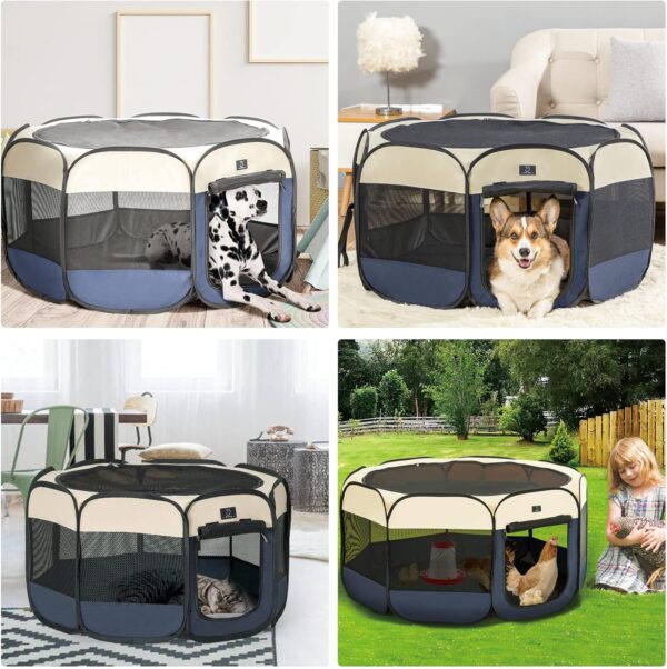 A 4 Pet Dog Playpen for Large Dogs, Portable Pet Playpen, Dog Pen Indoor with Waterproof Bottom & Removable Zipper, with Bowl, Blue - Image 8