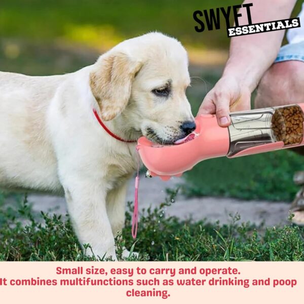 SWYFT Dog Water Bottle, Portable Multifunctional Water Bottle with Food Dispenser, Garbage Collection Bag, Poop Shovel, for Outdoor Walking Travelling Doggy Bottles Leak Proof (Pink, 500ML) - Image 3