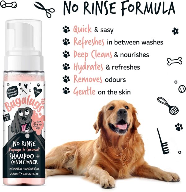 Bugalugs No Rinse Papaya & Coconut Dog Shampoo - Luxury 2 in 1 dog Dry shampoo & conditioner - odour eliminator natural shampoo with dog perfume quick shower for pets - Image 2