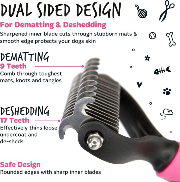 BUGALUGS Pet Grooming Brush - Double Sided Shedding and Dematting Undercoat Rake, Dog Grooming Brush, Dog Shedding Brush, Cat Grooming Brush, Dog Comb, Cat Brush for Long Haired Cats - Image 2