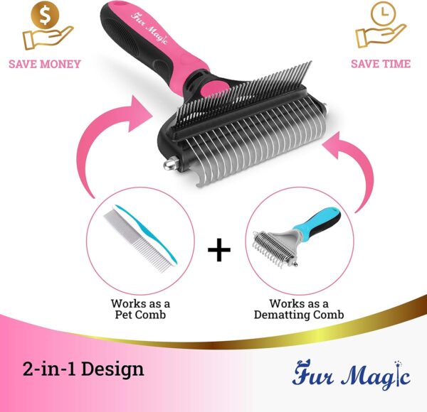 Fur Magic Deshedding and Dematting Comb Double Sided Undercoat Rake Pet Grooming Brush Removing Mats, Knots & Tangles for Dogs and Cats with Long and Medium Hair, Pink - Image 3