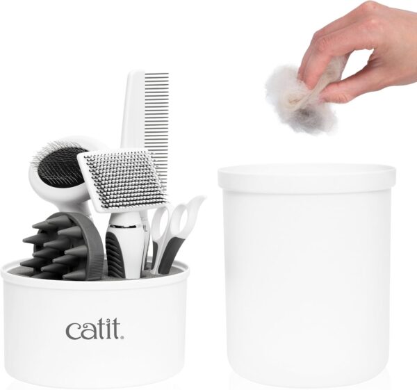 Catit Grooming Kit for Shorthaired Cats. Canister includes 5 Tools; Rubber Palm Brush, Nylon Slicker Brush, Metal Slicker Brush, Fine Comb and Curved Nail Clippers, White, Black, Grey - Image 2