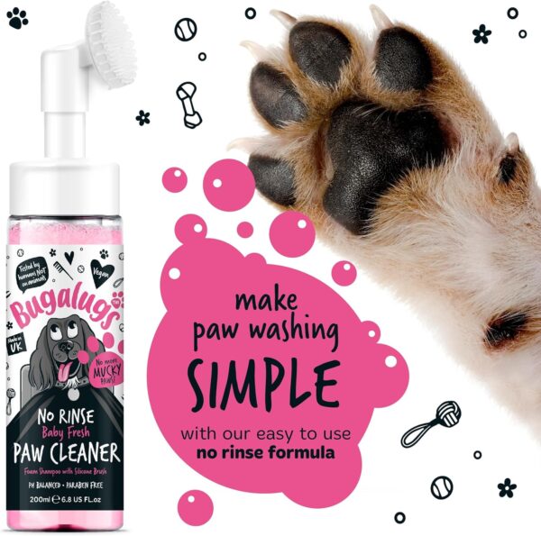 BUGALUGS Dog Paw Cleaner No Rinse Foam Cat & Dog shampoo with Silicone Brush Head, waterless grooming products. Travel friendly paw cleaner for dogs defeat muddy paws on the go (Baby Fresh) - Image 5