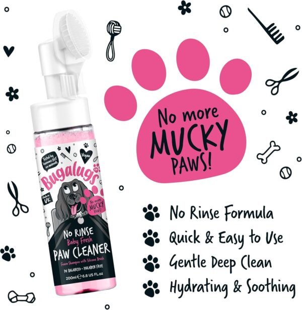 BUGALUGS Dog Paw Cleaner No Rinse Foam Cat & Dog shampoo with Silicone Brush Head, waterless grooming products. Travel friendly paw cleaner for dogs defeat muddy paws on the go (Baby Fresh) - Image 6