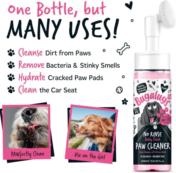 BUGALUGS Dog Paw Cleaner No Rinse Foam Cat & Dog shampoo with Silicone Brush Head, waterless grooming products. Travel friendly paw cleaner for dogs defeat muddy paws on the go (Baby Fresh) - Image 2