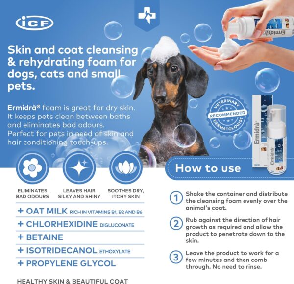 ICF Ermidrà® Mousse Dog & Cat Dry Shampoo - Foam for Cleansing Soothing & Itch Relief – Relieves Dog & Cat Dry Skin, Rash, Scratching - 200 ml - Image 6