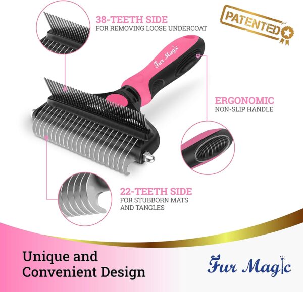 Fur Magic Deshedding and Dematting Comb Double Sided Undercoat Rake Pet Grooming Brush Removing Mats, Knots & Tangles for Dogs and Cats with Long and Medium Hair, Pink - Image 5