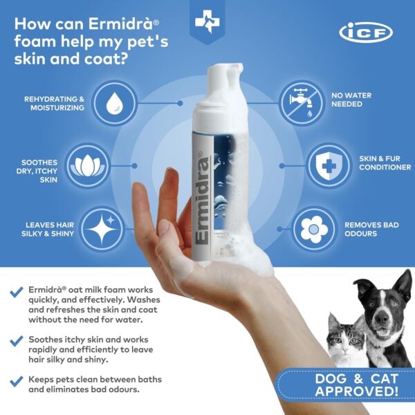 ICF Ermidrà® Mousse Dog & Cat Dry Shampoo - Foam for Cleansing Soothing & Itch Relief – Relieves Dog & Cat Dry Skin, Rash, Scratching - 200 ml - Image 2