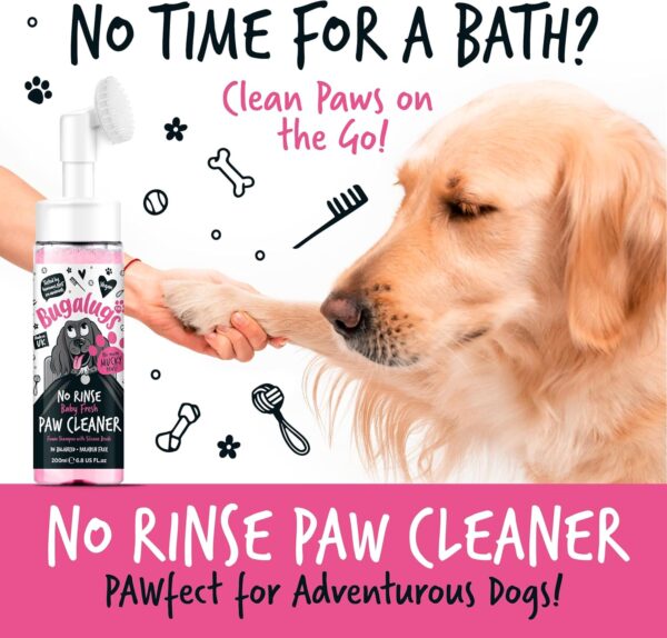 BUGALUGS Dog Paw Cleaner No Rinse Foam Cat & Dog shampoo with Silicone Brush Head, waterless grooming products. Travel friendly paw cleaner for dogs defeat muddy paws on the go (Baby Fresh) - Image 3