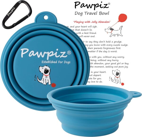 Pawpiz Collapsible Dog Bowl | 450ml | Dog Travel Bowl with Cute Puppy Design & Carabiner | BPA-Free, Food-Grade, Foldable Silicone Bowl | Gift for Small & Medium Pets | UK Brand (Boston Blue) - Image 2