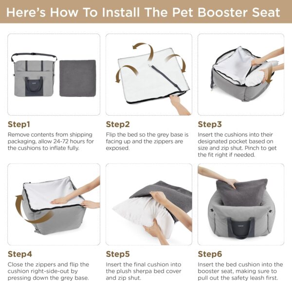 Lesure Dog Car Seat for Medium Dog - Waterproof Dog Booster Seat for Car with Storage Pockets, Clip-On Safety Leash and Chopped Foam Filling, Small Pets Travel Carrier Bed, 58x56x33cm, Grey - Image 7