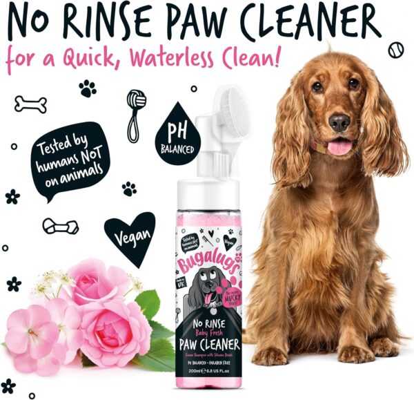 BUGALUGS Dog Paw Cleaner No Rinse Foam Cat & Dog shampoo with Silicone Brush Head, waterless grooming products. Travel friendly paw cleaner for dogs defeat muddy paws on the go (Baby Fresh) - Image 4