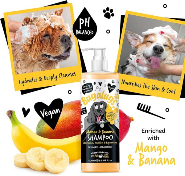 BUGALUGS Dog Shampoo Tropical Mango & Banana dog grooming shampoo products for smelly dogs with fragrance, best puppy shampoo, professional groom Vegan pet shampoo & conditioner (500ml) - Image 5