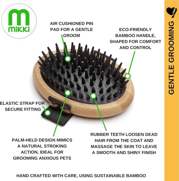 Mikki Bamboo Moulting Massage Palm Brush for Gentle Grooming, for Dog, Cat, Puppy with Short Medium Coats, Handmade Natural Sustainable Bamboo, Brown - Image 4