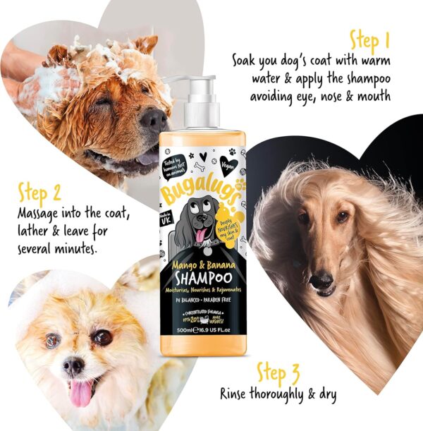 BUGALUGS Dog Shampoo Tropical Mango & Banana dog grooming shampoo products for smelly dogs with fragrance, best puppy shampoo, professional groom Vegan pet shampoo & conditioner (500ml) - Image 7