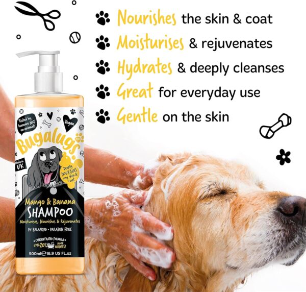 BUGALUGS Dog Shampoo Tropical Mango & Banana dog grooming shampoo products for smelly dogs with fragrance, best puppy shampoo, professional groom Vegan pet shampoo & conditioner (500ml) - Image 2