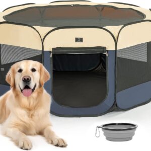 A 4 Pet Dog Playpen for Large Dogs, Portable Pet Playpen, Dog Pen Indoor with Waterproof Bottom & Removable Zipper, with Bowl, Blue