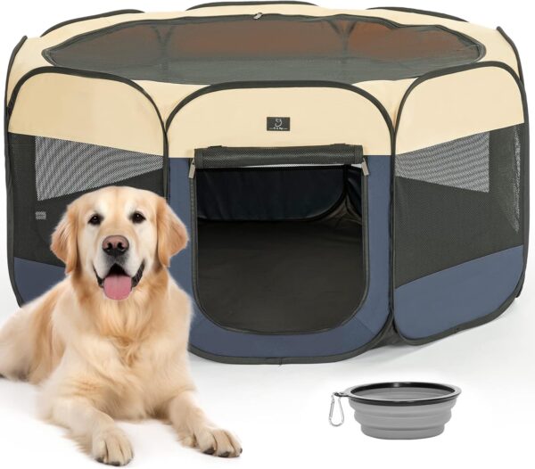 A 4 Pet Dog Playpen for Large Dogs, Portable Pet Playpen, Dog Pen Indoor with Waterproof Bottom & Removable Zipper, with Bowl, Blue