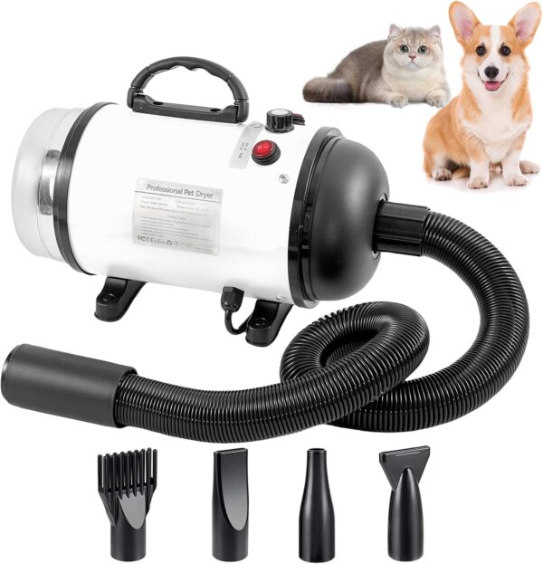 AHWOiHS Dog Hair Dryer Blaster 2800W Dog Blower Pet Grooming Hair Dryer 2 in 1 Pet Hair Vacuum and Dryer Dog Vacuum Cleaner Dog Grooming Kit with 4 Different Nozzles for Dogs Cats(White