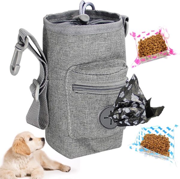 Anwangda Dog Treat Pouch Bag, Dog Treat Bag with Poop Bag Dispenser & Collapsible Travel Pet Bowl, Adjustable Dog Training Treat Pouches, Dog Walking Bag for Women Men(Grey)