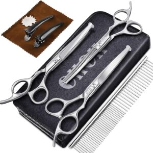 CIICII Dog Grooming Scissors Kit, 7.5 Inch Professional Pet Grooming Scissors Set with Safety Round Tip (Dog/Cat Hair Thinning Trimming Cutting Shears with Curved Scissors) for DIY Home Salon (Silver)