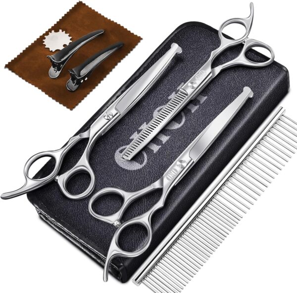 CIICII Dog Grooming Scissors Kit, 7.5 Inch Professional Pet Grooming Scissors Set with Safety Round Tip (Dog/Cat Hair Thinning Trimming Cutting Shears with Curved Scissors) for DIY Home Salon (Silver)