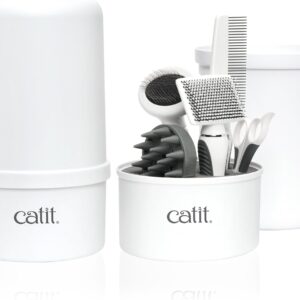 Catit Grooming Kit for Shorthaired Cats. Canister includes 5 Tools; Rubber Palm Brush, Nylon Slicker Brush, Metal Slicker Brush, Fine Comb and Curved Nail Clippers, White, Black, Grey