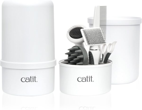 Catit Grooming Kit for Shorthaired Cats. Canister includes 5 Tools; Rubber Palm Brush, Nylon Slicker Brush, Metal Slicker Brush, Fine Comb and Curved Nail Clippers, White, Black, Grey