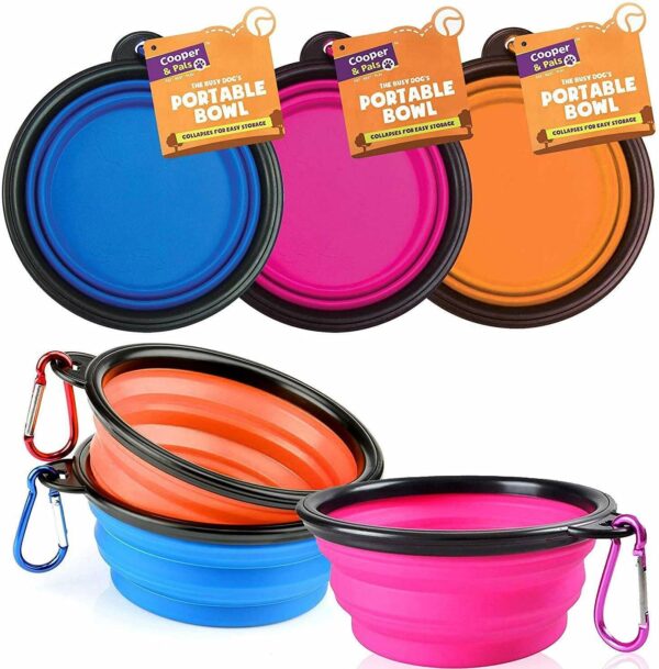 Cooper & Pals 3Pcs Collapsible Dog Bowl Portable Silicone Dog Water Bowl Pet Food Feeding Space Save Travel Bowl with Carabiner Carry Hook Small 350ml (12fl oz) (3pcs x Three colours (1 per colour))