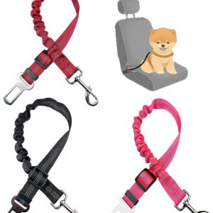 DKDDSSS 3 Pack Dog Seat Belt, Dog Seat Belt for Car, Dog Car Harness, Dog Seat Belt for Cars UK, Adjustable Elastic Bungee, Dog Travel Accessories (Pink, Black, Red)