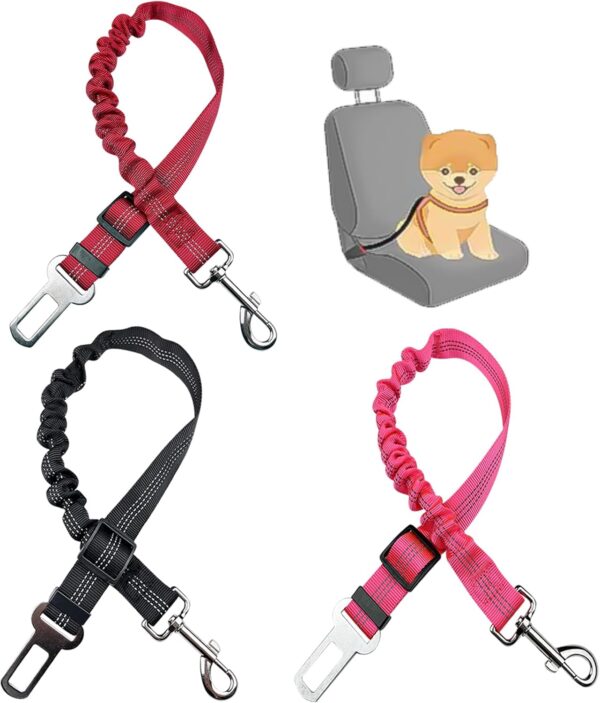 DKDDSSS 3 Pack Dog Seat Belt, Dog Seat Belt for Car, Dog Car Harness, Dog Seat Belt for Cars UK, Adjustable Elastic Bungee, Dog Travel Accessories (Pink, Black, Red)