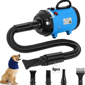 Dog Dryer for Large Dogs, 4.3HP 3200W High Velocity Pet Hair Dryers with Heater for Grooming, Spind Temperature Adjustable Pet Dryer Machine with 4 Nozzles and1 Woolen Head Covers(Blue) (Blue)