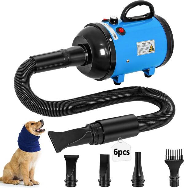 Dog Dryer for Large Dogs, 4.3HP 3200W High Velocity Pet Hair Dryers with Heater for Grooming, Spind Temperature Adjustable Pet Dryer Machine with 4 Nozzles and1 Woolen Head Covers(Blue) (Blue)