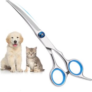 Dog Grooming Scissors, Cat Grooming Scissors, Pet Grooming Scissors with Safety Round Tip, Stainless Steel Dog Cat Grooming Shears Curved Scissor