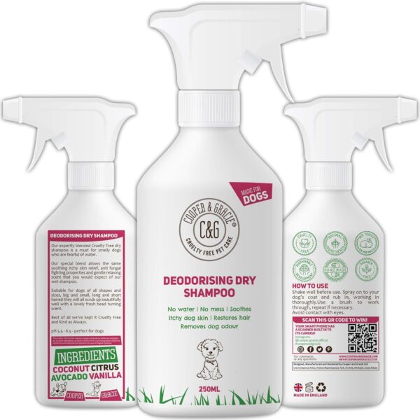 Dry Dog Shampoo Spray for Smelly Dogs - Wipe Clean Stain Remover - Cruelty-Free Waterless Grooming Products Organic Odour Deodoriser Neutraliser - Best Fox Poo Cleaning Animal Wash