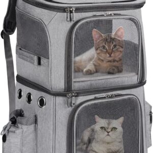 FASNATI Double-Compartment Pet Carrier Backpack, Cat Carrier Backpack for 2 Small Cats, Dogs and Rabbits, Perfect for Traveling/Hiking/Camping, Grey