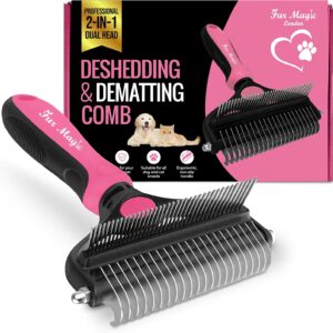 Fur Magic Deshedding and Dematting Comb Double Sided Undercoat Rake Pet Grooming Brush Removing Mats, Knots & Tangles for Dogs and Cats with Long and Medium Hair, Pink